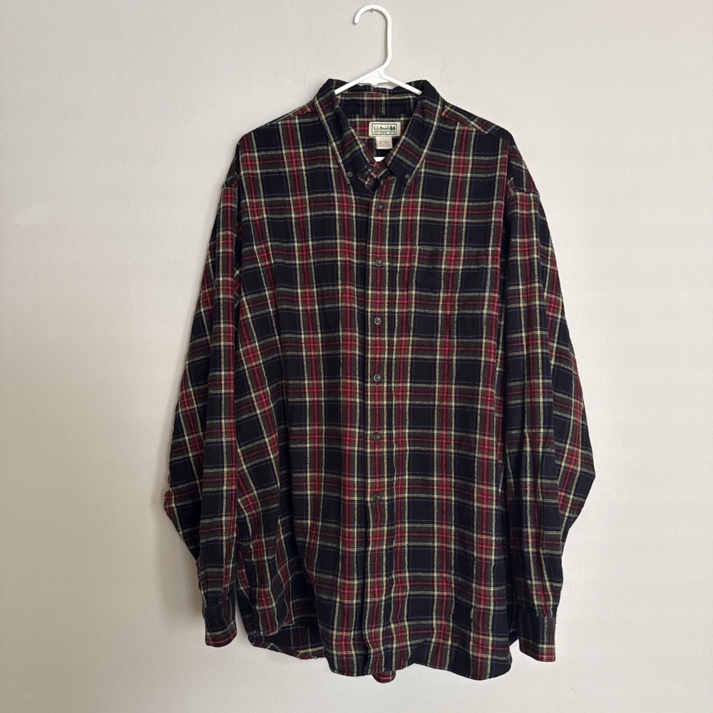 LL Bean‎ Shirt Mens 2XL Gray Red Black Flannel Plaid Long Sleeve Button Up